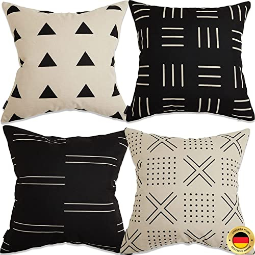 LaVanta Kissenbezüge 4er Set 45x45 cm – Stilvolles Schwarz-Weiß Muster, Elegante Leinenoptik, Beidseitiges Design, Qualität aus Deutschland