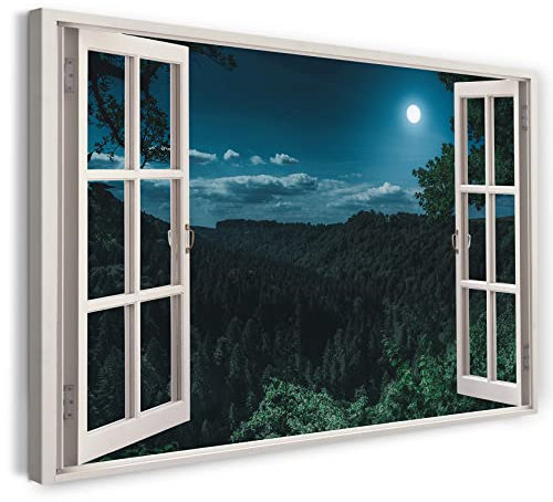 Printistico Bilder Fensterblick 100x70cm Baumwoll-Leinwand auf Keilrahmen mit Aufhänger moderner Kunstdruck XXL Wandbilder Wand-Dekoration Vollmond Wald Licht Natur Pflanzen - Natur-Fotografie