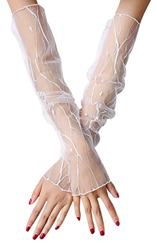 Armmanschette Spitze,MoreChioce 1 Paar Spitze Lang Handschuhe Armstulpen Damen Spitzenhandschuhe Blumenmuster Sommer Handschuhe Elegante Handstulpen für Oper Hochzeit Party Abend Kostüm,Weiß Blitz