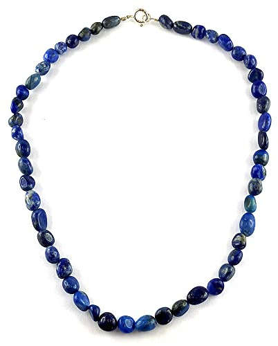 LE DEUCALION Collana blu con perle naturali di lapislazzuli (non tinto) a forma di piccoli ciottoli irregolari. Chiusura ad anello a molla in argento 925 o ottone placcato oro., lapislazzuli naturale,
