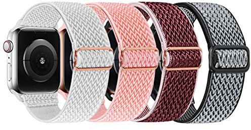 4-Pack Elastic Nylon Straps Compatible with Apple Watch 38mm 40mm 41mm /42mm 44mm 45mm, Elastic Scrunchy Replacement Band Soft Stretchy Band For iWatch Series 7/6/5/4/3/2/1/SE(42mm 44mm 45mm)