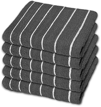 SPINGTON Luxury Stripe Designed Heavy Duty Kitchen Tea Towels - Large Size 60 x 40 cm - 100% Cotton, Super Absorbent and Durable - Lint Free Hotel Quality Dish Towels (Pack of 5) GREY