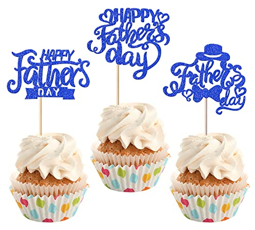 Xsstarmi 24 Pack Happy Father's Day Cupcake Toppers Glitter Best Dad Love Cupcake Picks Happy Father's Day Theme Birthday Party Cake Decorations Supplies Blue