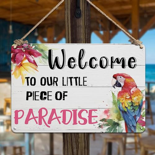 YOYI ART Décoration de patio, de piscine, panneau de bar Tiki extérieur – Panneau « Welcome To Our Little Paradise » en métal pour plage, jardin, terrasse, piscine, arrière-cour, 30,5 x 20,3 cm