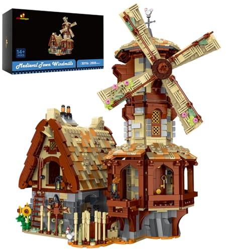 JMBricklayer Mittelalterliches Windmühlenhaus-Bauset für Erwachsene, Stadt-Windmühlen-Mühlen-Architektur-Spielzeug, Dorfschloss-Set Ausstellungsmodell, Ideengeschenk für Mädchen und Jungen 30116