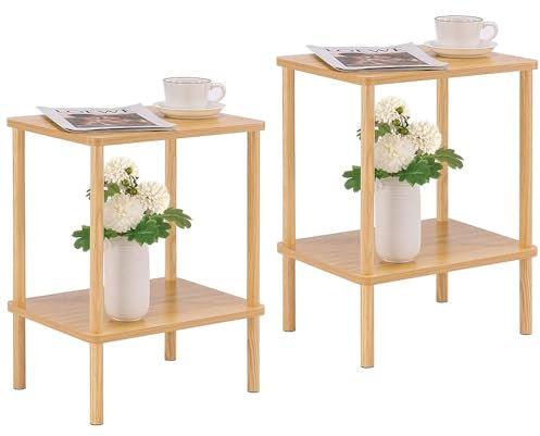 APICIZON 2 Tier Side Table Set of 2, Narrow End Table with Storage Shelf, Bedside Table Nightstand for Small Spaces, Bedroom, Living Room, Entryway, Farmhouse, No-Tool Assembly, Oak