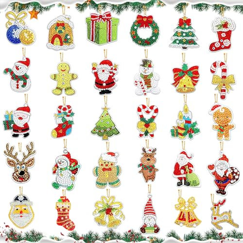 VEGCOO 30 Stück Diamant DIY Painting Schlüsselanhänger Weihnachten,Weihnachts Diamant Schlüsselanhänger,DIY 5D Diamant Schlüsselanhänger Weihnachtsmann mit hängender Dekoration Kindergeschenk (Red)