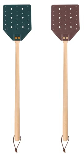 2 Matamoscas de Cuero, Matamoscas Largo Resistente Manual con Mango Madera & Cuerda para Colgar Matamoscas Hueco Estampado para Interior y Exterior (Verde Oscuro, Marrón)