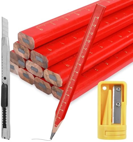 Prasacco 12 Stück Zimmermannsbleistifte, Bleistift Baustelle Baubleistifte Holzbearbeitung Markierungswerkzeug Baubleistift mit Bleistiftanspitzer für Markieren und Anzeichnenauf der Baustelle