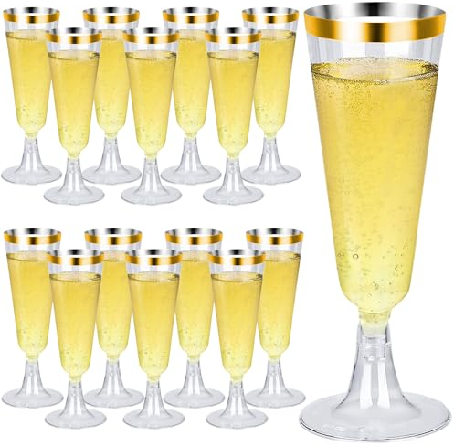 Huiyoulan 25 Pezzi Flute Plastica con Bordo Dorato, 150ml Flute da Champagne in Plastica, Calici da Vino, Calice Trasparente Elegante Impilabile, Perfetto per Feste, Matrimoni, Compleanni