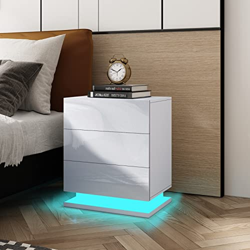 Bedside Table High Gloss 3 Drawers Modern Bedside Cabinet Nightstand with LED Lights for Bedroom Living Room 50 x 35 x 60cm (White)