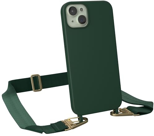 EAZY CASE - Hülle mit Band kompatibel mit iPhone 15 Plus Handyhülle mit Umhängeband Silikonhülle Schwarz Handykette zum Umhängen Handykordel Schutzhülle für Smartphone in Pinien Grün - Clips Gold