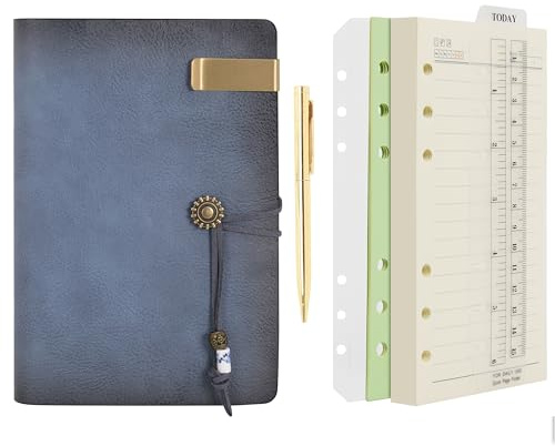 Wonderpool Leder Tagebuch Notizbuch Ringbuch–Nachfüllbarer Ordner Schreibpapier Spirale Business Notizblöcken Vintage Einband für Büro Plan Reisen Organizer (a-Nebelblau, A6)
