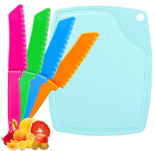 Zuimei Knife for Kids, 4-Piece Toddler Knife with Chopping Board, Kids Kitchen Knife Set - Serrated Edges and Firm Grip for Cutting Salad Strawberry Vegetables