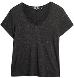 Superdry Damen Strukturiertes T-Shirt mit V-Ausschnitt und Stickerei Schwarz Metallic 40