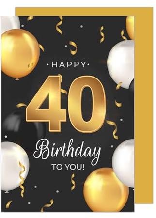 Edition Seidel Premium Glückwunschkarte zum 40. Geburtstag mit Umschlag. Geburtstagskarte Grusskarte Billet Karte Happy Birthday Mann Frau Luftballons Schwarz Gold (GZ351-40 SW024)