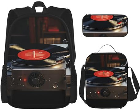 OUSIKA Turntable Player 3 Pcs Print Backpack Sets Casual Daypack with Lunch Box Pencil Case for Women Men, Black