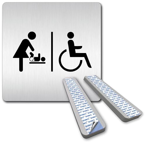 Türschilder24 XXL Schild - Türschild • 125 x 125 mm • Behinderten Toilette - Rollstuhl • 1,5 mm Aluminium Vollmaterial • 100% Made in Germany … (Rollstuhl/Wickeln + Abstandshalter)