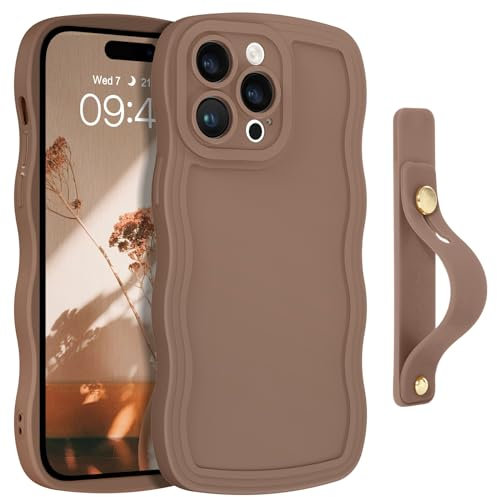 GUAGUA for iPhone 14 Pro Max Case with Wrist Strap, Cute Curly Wave Phone Case iPhone 14 Pro Max with Adjustable Wristband Kickstand Shockproof Anti Slip Phone Case for iPhone 14 Pro Max 6.7'', Brown
