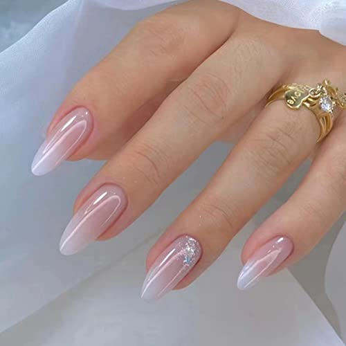 JUSTOTRY Lot de 24 faux ongles courts en forme d'amande, à coller, couleur unie, couleur unie, en forme d'amande, pailletés, moyens, rose français, pour femme