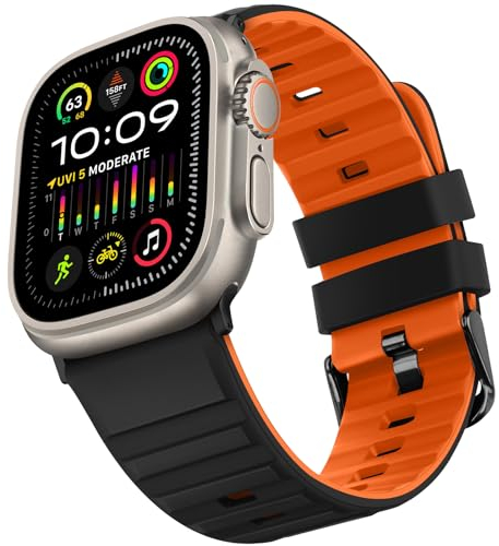 Suphart Correas Compatible con Correa Apple Watch 49mm 45mm 44mm 42mm, Correa Deportiva de Silicona Suave Diseñado para Apple Watch Ultra 2 Ultra SE Series 9 8 7 6 5 4 3 2 1, Negro Naranja