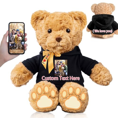 FAHOXUMR Personalisierter Teddybär mit Schleife für Sie Ihn, Plüschtiere Personalisierte Geschenke Bär mit Text+Foto als Besondere Geschenke für Valentinstag Weihnachten (26cm-Text+Foto)