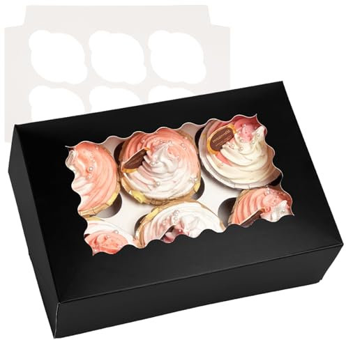 Gcardist Automatischer Popup 6 Cupcake-Boxen mit Fenster Schwarz 12 Stück Cupcake-Boxen 23.87x15.49x7.62cm Bäckerei-Boxen für Cupcake-Träger, Cupcake-Behälter (9.4x6.1x3 inch)