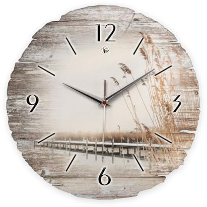 Kreative Feder Runde Wanduhr „Steg“ aus Naturholz mit flüsterleisem Uhrwerk; Durchmesser 30cm (Steg, leises Quarzuhrwerk)