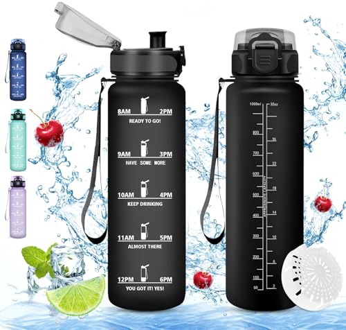 Vikaster Bouteille d'eau, Gourde 1000ml, sans BPA, Étanche & Réutilisable, Bouteille d'eau avec Marqueur de Temps et Filtre, Convient Pour la, Cyclisme, Gym, Yoga, Camping, Sport, Gourde Randonnée