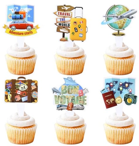 Blumomon 30Pcs Traveling Airplane Cupcake Toppers Map Luggage Plane Cupcake Decoration Birthday Party Baby Shower Travel Theme Party Cake Decoration