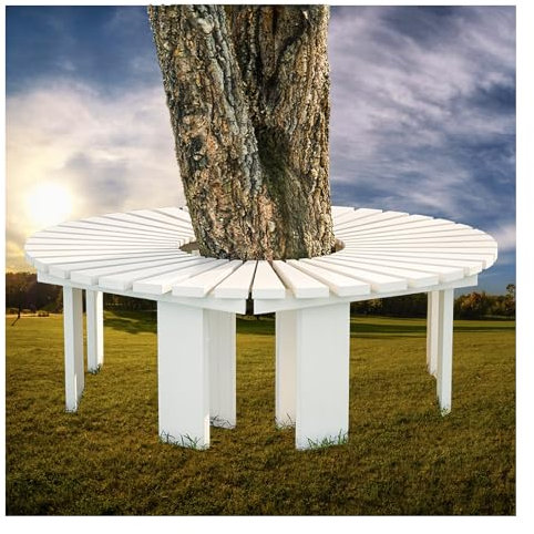 FENGZEQUAN Runde Baumbank, halbrunde Baumbank, wetterfeste Gartenbank, Terrassen-Freizeitbank, rückenfreier Parksitz, Balkonterrasse, weiße Parkbank, Tragkraft 260 kg(8)