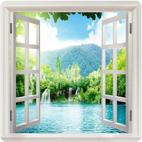 Vlies Fototapete Fenster Wasserfall Landschaft 300X210 Cm - Foto Tapete Schlafzimmer Wohnzimmer Moderne Vliestapete XXL Wandtapete Motivtapeten Bildtapete 3D Effekt Wand Dekoration