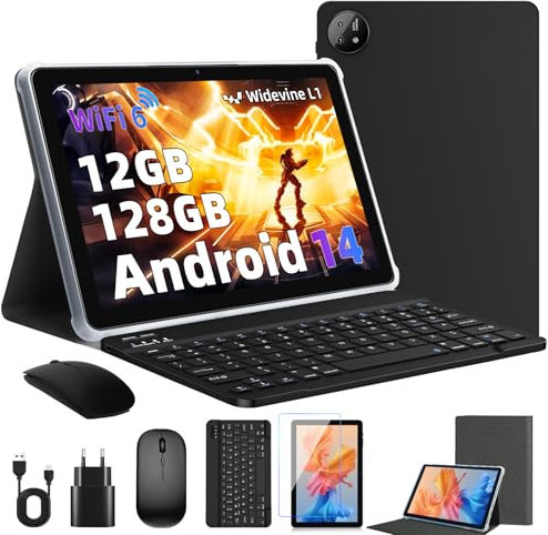 Rebecco Android 14 Tablet, 10-Zoll mit Bluetooth 5.4, 12GB RAM+128GB ROM (erweiterbar auf 1TB), Octa-Core Android, 1280x800 IPS HD Touchscreen, WiFi 6, Dual Kamera, 6000mAh, Widevine L1