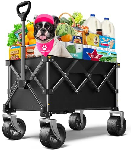 pikulLA Strandwagen, zusammenklappbarer Wagen, 100 kg mit großen Rädern, faltbar, tragbar, für Garten, Lebensmittel, Sport, Camping, jedes Gelände, Schwarz