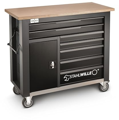 STAHLWILLE WB 621 | Mobile, rollbare Werkbank mit 7 Schubladen + Schrankteil | Arbeitshöhe 104 cm | Holz-Arbeitsplatte