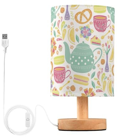 Mnsruu Bedside Lamp Tea Cup Teapot Cake Flowers Table Lamp LED Nightstand Desk Lamp USB Charging Ports Linen Fabric Shade for Bedroom Living Room Office