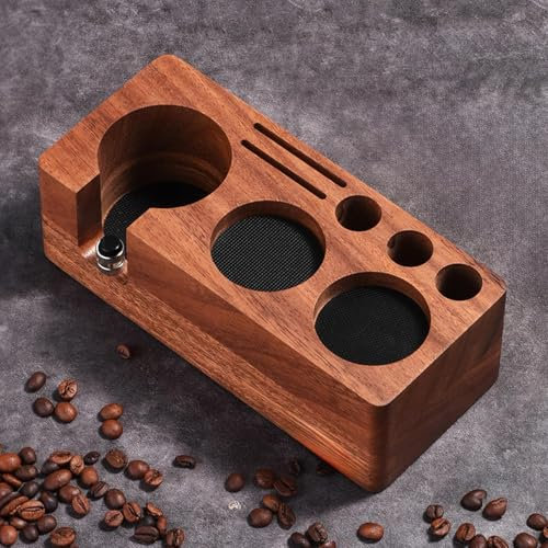LingTing Stacja tamperowa aus Walnussholz für Filter, Espresso Tampierstation 58MM aus Massiv Nussbaum - Barista Arbeitsplatz mit Anti-Druck Basis & Tamper Halterung für Thekenorganizer
