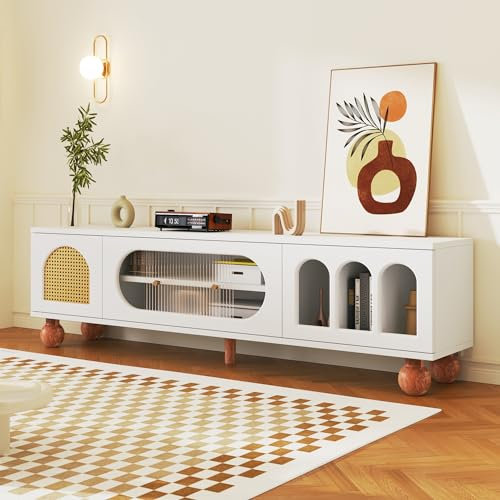 Easexcy TV-Möbel, TV-Möbel mit Rattan-ähnlicher Tür, Glasschiebetür, DREI offenen Bogenbereichen, lowboard mit goldenen Griffen und massiven Holzfüßen. 170 * 47 * 37cm