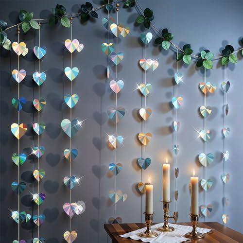 GEEHUA 4 Stück 4m Bunt Glitzer Papier Herz Girlande, Hängende Iridescent Herz Geburtstag Girlanden Dekorationen für Party Weihnachten Hochzeit, Deko Karneval Deko