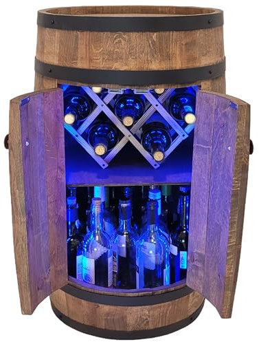 Rustikales Weinfass mit RGB LED Beleuchtung und Weinhalter, Haushalt Barschrank für Bier, Whisky und Wein, Flaschenständer aus Holz 80 cm