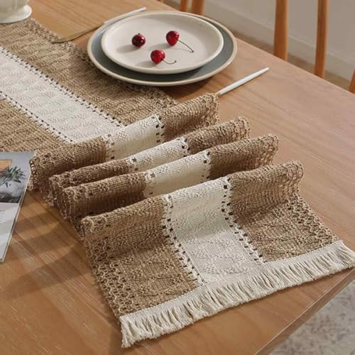 Beige Makramee Tischläufer Outdoor Boho Baumwollflachs Tischdecke mit Quasten, 30x140cm Rechteckige Häkelspitze, für Küche Vintage Bauernhaus böhmische Hochzeit Tabletop Dekor