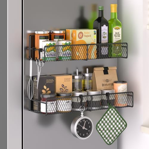 Magnetic Spice Rack for Refrigerator, 2 Pack 100% Metal Strong Magnet Shelf Black, Moveable Spice Organizer with Hooks, Magnetic Fridge Shelf for Kitchen Home Laundry Room Organization and Storage