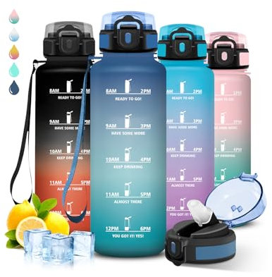 Gourde- 1,5l- Gourde Sport, Anti Fuite, Gourde Graduée pour 1 Journee, Facile à Nettoyer, Gourde Motivation, Gourde Adulte avec Marqueur de Temps, Bouteille Horaire pour Aptitude, Camping, Randonnée