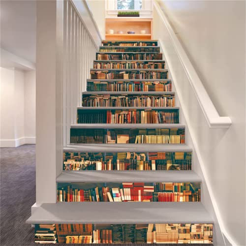 FLFK 15Pcs Retro Bookcase Stair Risers Sticker Peel and Sick 39.37x7.08,Self-Adhesive Bookshelf Staircase Stickers Decals Mural Wallpaper for Home Decor