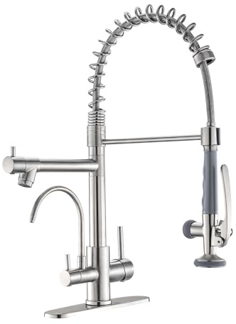 Fapully 3-in-1-Küchenarmatur mit Wassereinfüller und herausziehbarem Sprüher, gebürstetes Nickel, kommerzielle Küchenspüle, Wasserhahn mit Trinkwasserhahn