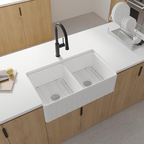 Cocina Enhance con Fregadero Estilo Granja de Dos Senos, construcción de Arcilla refractaria Duradera, Drenaje fácil, 84 cm de Largo x 45 cm de Ancho, Color Blanco
