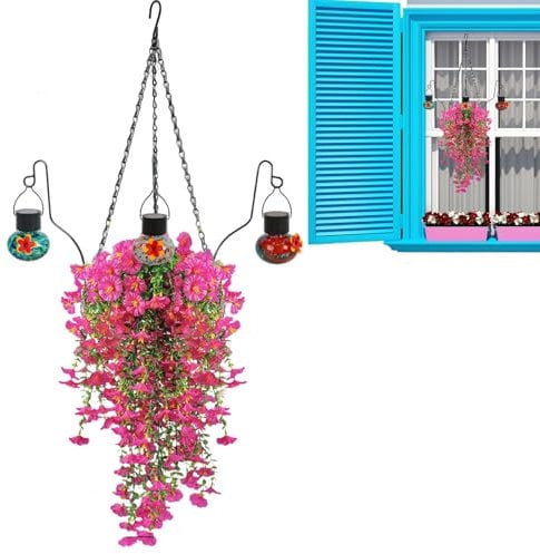 Niesel Fake Flower Baskets | Realistic Fake Outside Flowers With Bird Feeder | Artificial Plants for Spring Door Patio Wall Front Gazebo Fall Deck