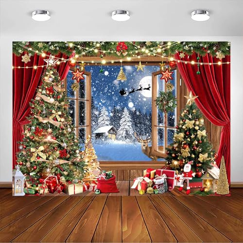 Avezano Telón de fondo para fotos de ventana de Navidad, luna llena, noche, árbol de Navidad, reno, cortina roja, fondo familiar, decoración de fiesta, retrato, telón de fondo para cabina de fotos (7