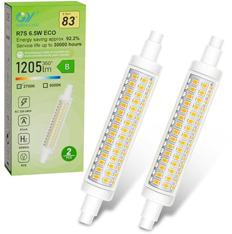 GY R7S LED Lampe 6.5W 230V 1205 Lumen 2700K Warmweiß Glühbirnen, ersetzt 83W, Nicht Dimmbar Energiesparlampe LED Stablampe Leuchtmittel, ideal für Stehlampe, Deckenfluter, Flutlicht, 2er-Pack