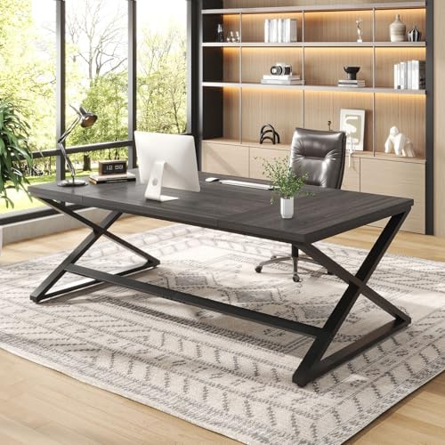 IBF 200 cm Schreibtisch Groß X Bein PC Tisch Computer Desk Rustikal Eiche | Eiche Holz Schreibtisch Computertisch Bürotisch groß aus für Gaming PC Büro Homeoffice Arbeitszimmer